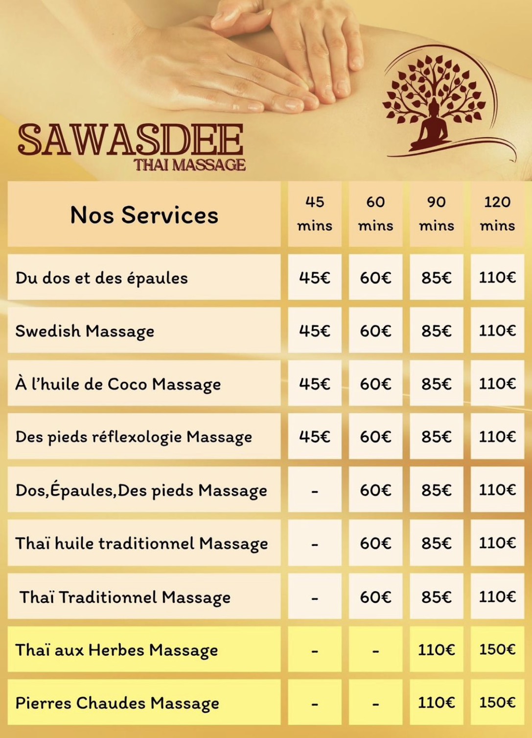 Tarifs actuels des massages Sawasdee Thai Massage